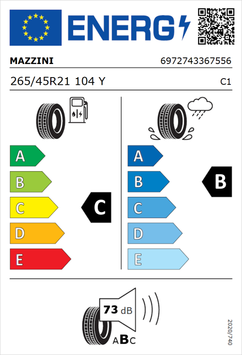 Tyre Label for Mazzini Eco 602 265/45R21 104Y