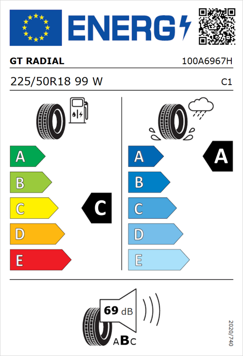 Tyre Label for GT Radial FE2 Evo 225/50R18 99W